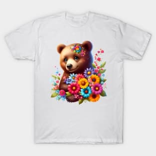 A brown bear decorated with beautiful colorful flowers. T-Shirt